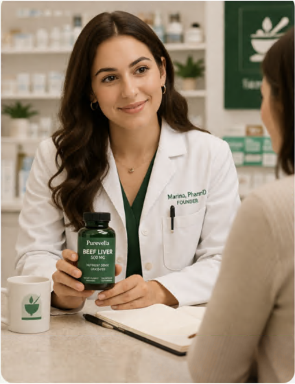 Marina, pharmacist and founder of Purevelia, reviewing supplement formulations