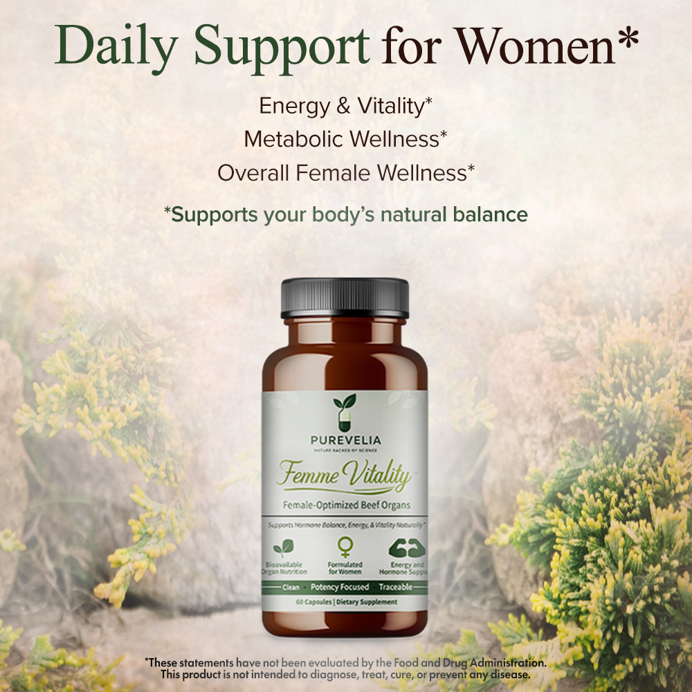 Femme Vitality™ by Purevelia — female-optimized grass-fed beef organ supplement bottle